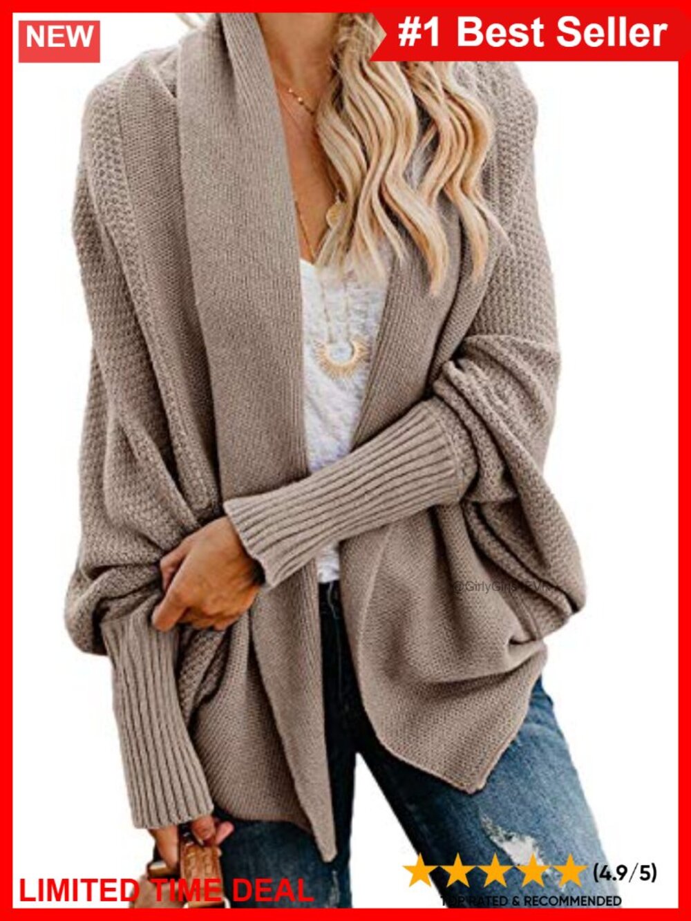 Women's Oversized Chunky Knit Batwing Sleeve Open Front Cardigan Sweater Coat